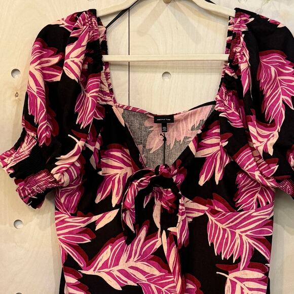 WHO WHAT WEAR Puff Sleeve Linen Blend Dress NEW Size XXL Pink Black Leaf Print - Picture 3 of 11